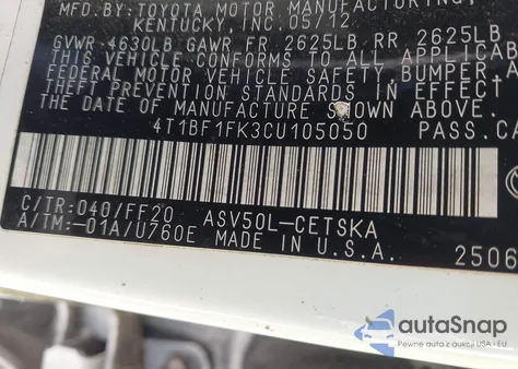 2012 Toyota Camry Se z USA, uszkodzony, nr VIN 4T1BF1FK3CU105050